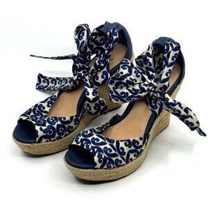 UGG Women's Lucianna Marrakech Night Silk Tie Blue/Cream Peep-Toe Wedge Size 8.5